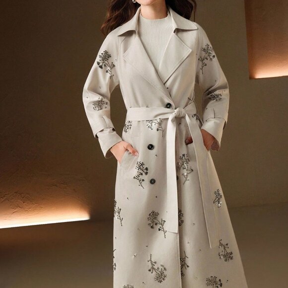 Beige Women's Party Long Trench Coat with 3d Beaded Embroidery - Picture 7 of 8